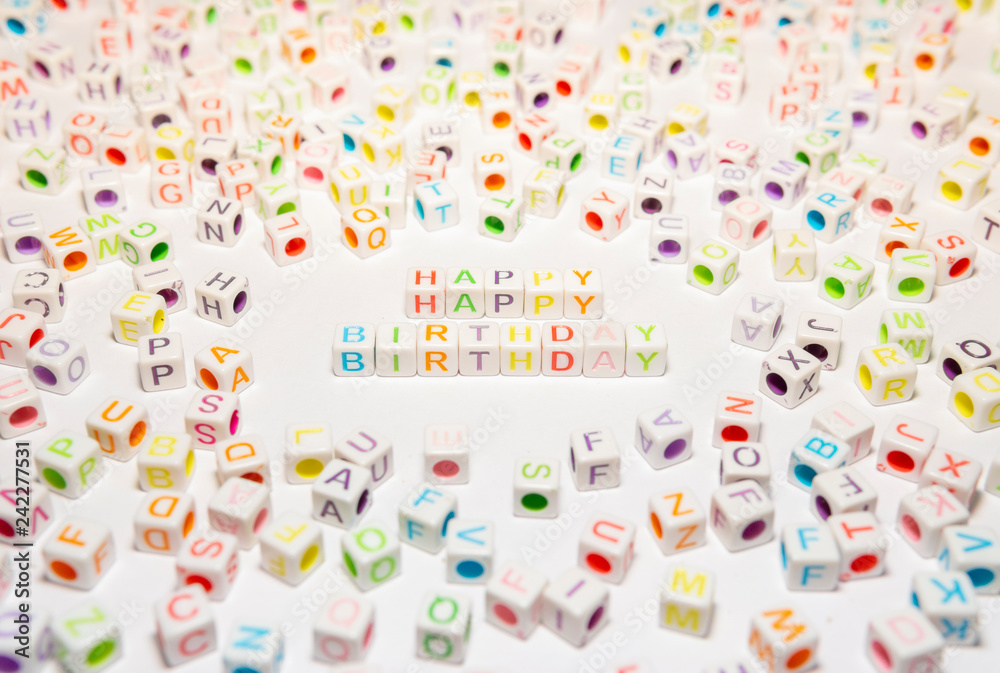 Conceptual of Happy Birthday Words made with Colorful Alphabetical Beads