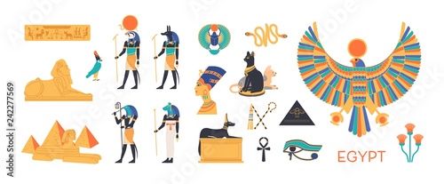 Ancient Egypt set - gods, deities of Egyptian pantheon, mythological creatures, sacred animals, holy symbols, hieroglyphs, architecture and sculpture. Colorful flat cartoon vector illustration.