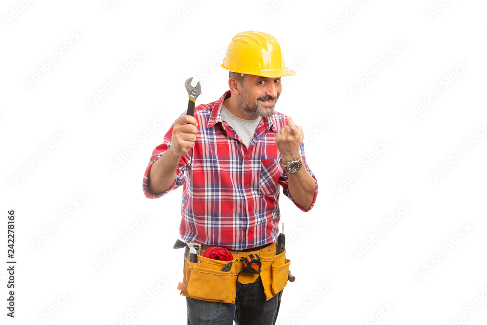 Constructor with wrench making come here gesture.