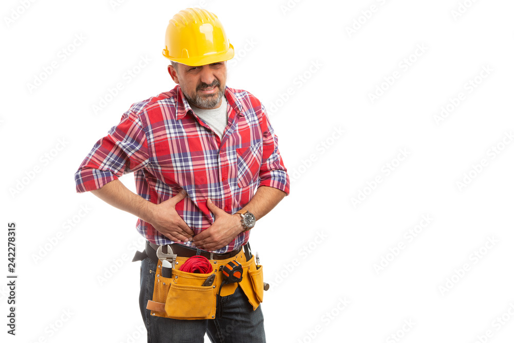 Builder touching abdomen as liver problems. Builder touching abdomen as liver problems.