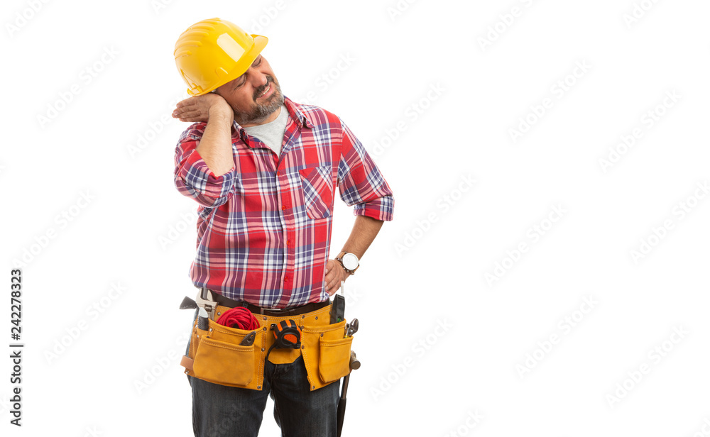Constructor touching stuffed ear.