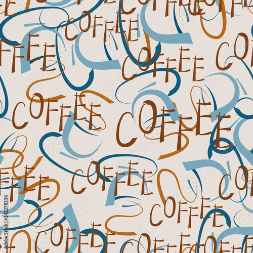 Seamless pattern with coffee cups and text.
