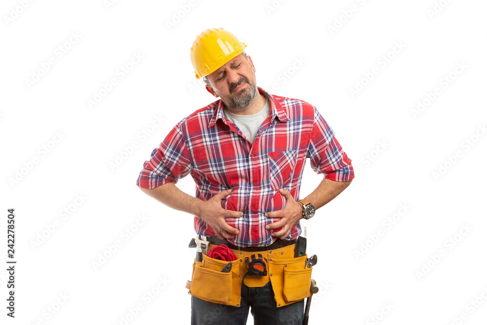 Constructor holding hands on bloated stomach.