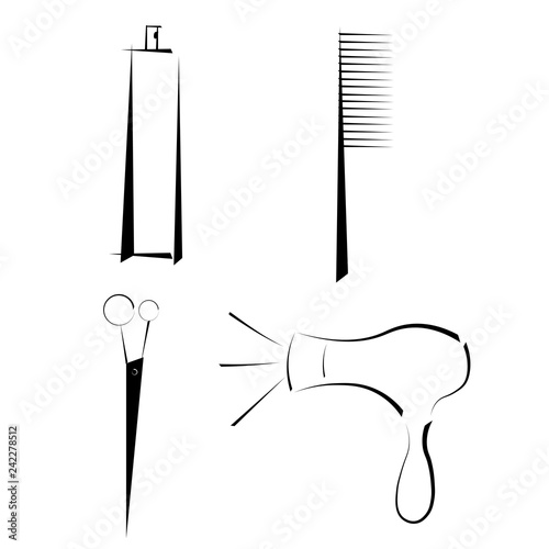 Comb, hair dryer, hair spray, scissors. Graphics. Picture for the logo.
