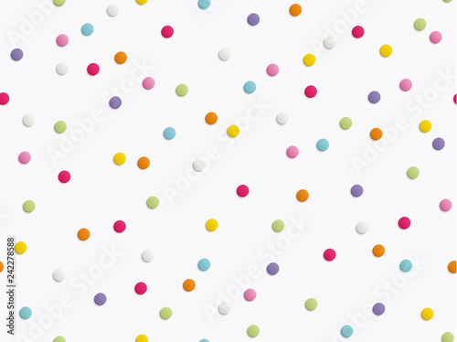 Flatlay of colorful round paper confetti on white background. Seamless pattern. Vector illustration.