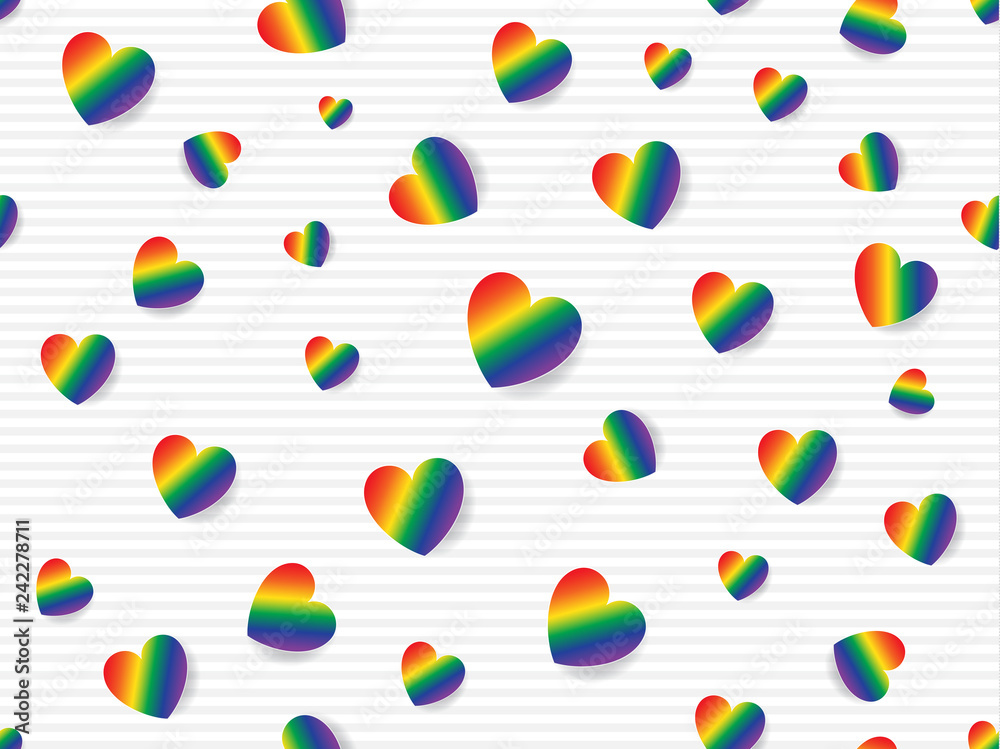 Flat lay of rainbow colored hearts scattered on light grey and white striped background. Seamless pattern vector illustration. Flat lay of rainbow colored hearts scattered on light grey and white striped background. Seamless pattern vector illustration.