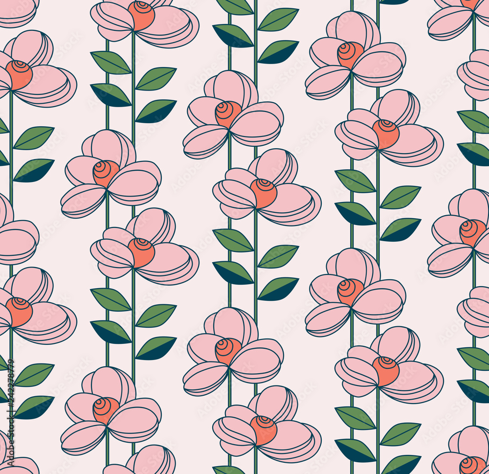 seamless pattern with flowers and leaves in retro style