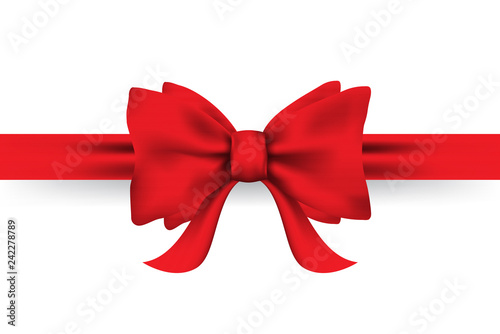 Red shiny satin bow and ribbon realistic vector illustration isolated on white background.