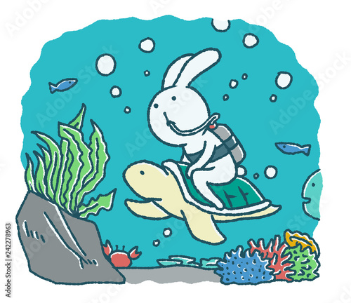 ゆるいうさぎとかめはダイビング Stock イラスト Adobe Stock
