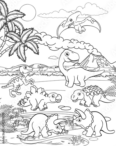 A dinosaur cartoon cute animal background prehistoric landscape coloring outline scene.