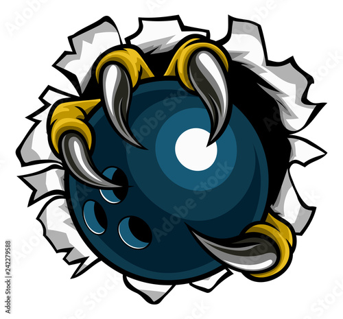 Eagle, bird or monster claw or talons holding a bowling ball and tearing through the background. Sports graphic.