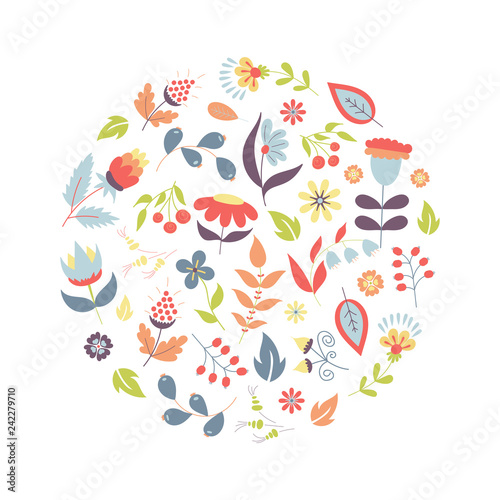 Hand drawn style summer or spring floral design element or logo in circle shape. Business identity