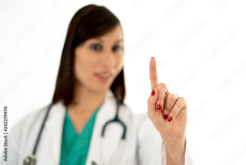 Attractive female doctor in hospital uniform touching virtual screen isolated on white background Attractive female doctor in hospital uniform touching virtual screen isolated on white background