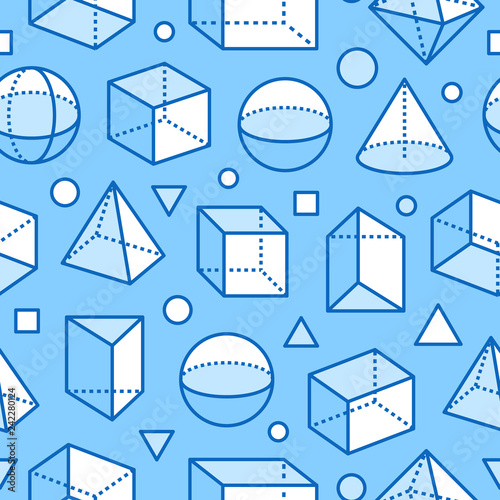 Geometric shapes seamless pattern with flat line icons. Modern abstract background for geometry, math education. Mathematics figures - cube, sphere, cone, prism, blue white vector illustration
