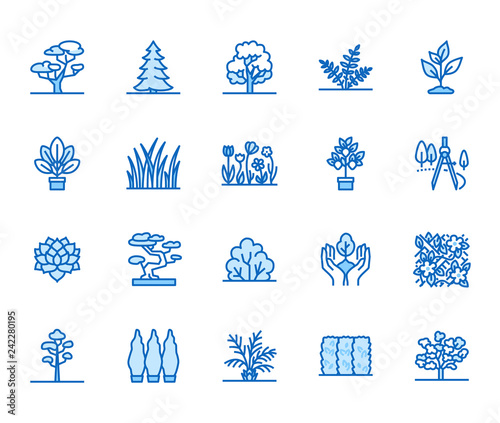 Trees flat line icons set. Plants, landscape design, fir tree, succulent, privacy shrub, lawn grass, flowers vector illustrations. Thin signs for garden store. Pixel perfect 64x64. Editable Strokes