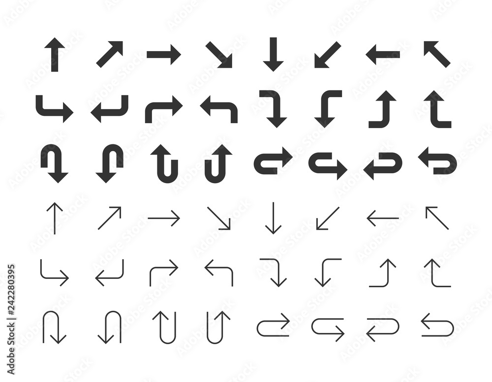 Set of arrows. Black icons isolated on white background.