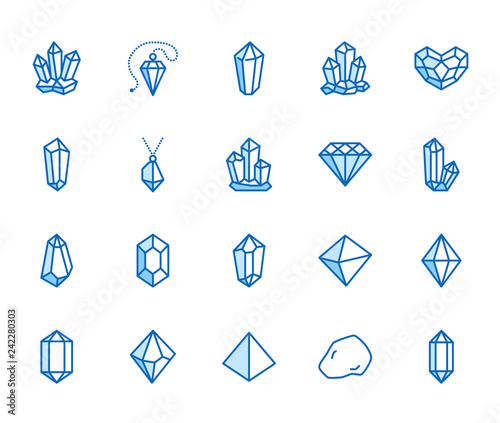 Crystals flat line icons set. Mineral rock, diamond shape, salt, abstract gemstone, magic crystal vector illustrations. Thin signs for geology or jewelry store. Pixel perfect 64x64. Editable Strokes