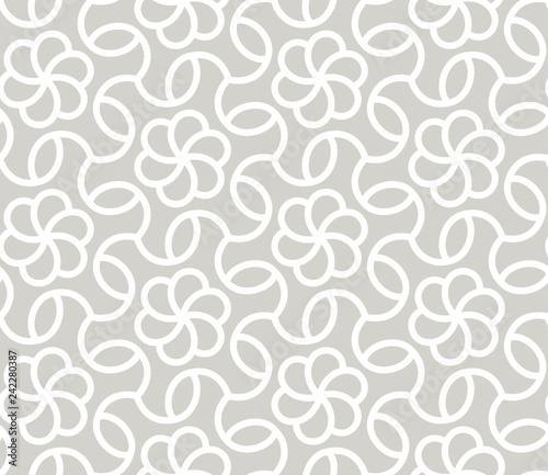 Abstract simple geometric vector seamless pattern with white line floral texture on grey background. Light gray modern wallpaper, bright tile backdrop, monochrome graphic element