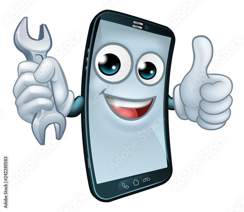 A mobile phone repair service or perhaps plumber or mechanic app cartoon character mascot holding spanner and giving a thumbs up.