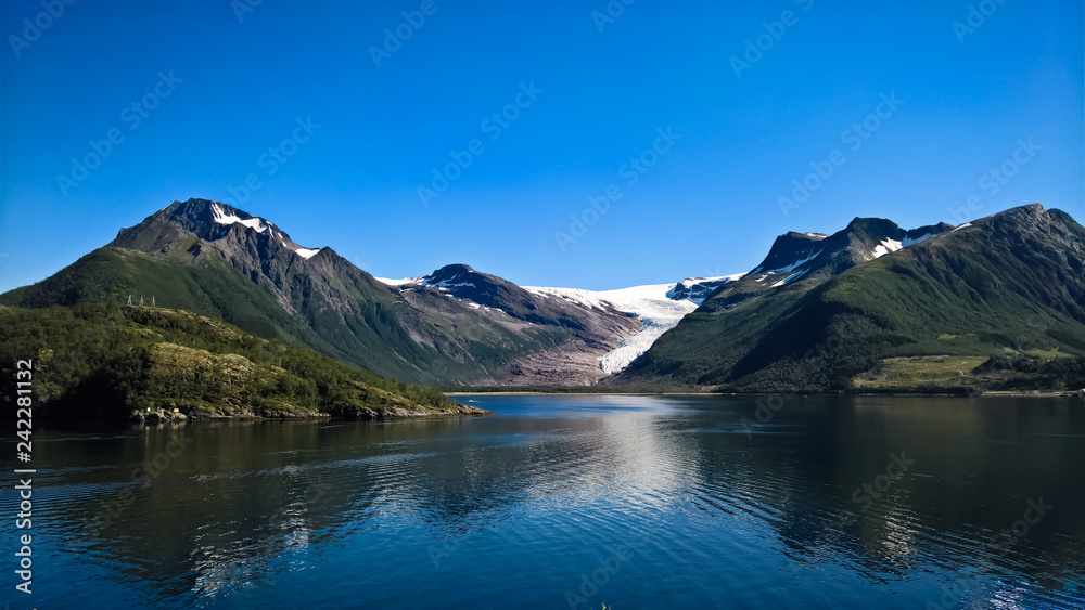 Panorama view to Nordfjorden and Svartisen glacier, Meloy, Norway