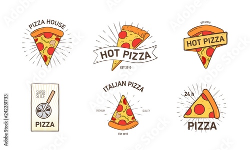 Bundle of colored logotypes with appetizing pizza slices, wheel cutter and rays hand drawn in retro style. Vector illustration for logo of Italian restaurant, pizzeria, food delivery service.