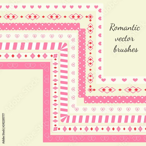 Vector pattern brushes for illustrator. Decor element for wedding design, scrapbooking elements, valentine cards, logos, borders and dividers. Decorative brushes with inner and outer corner tiles.