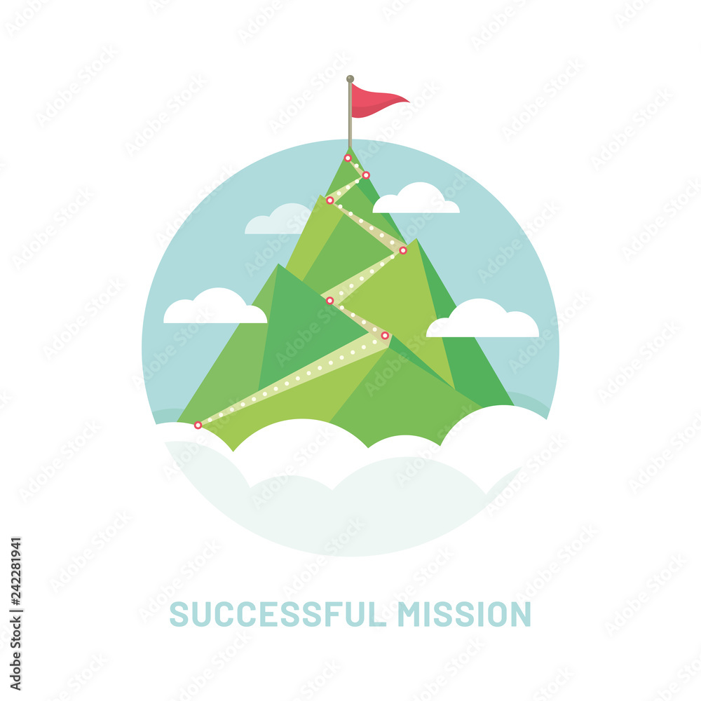 Flag on the mountain peak. Way to successful Business. Vector illustration Flag on the mountain peak. Way to successful Business. Vector illustration