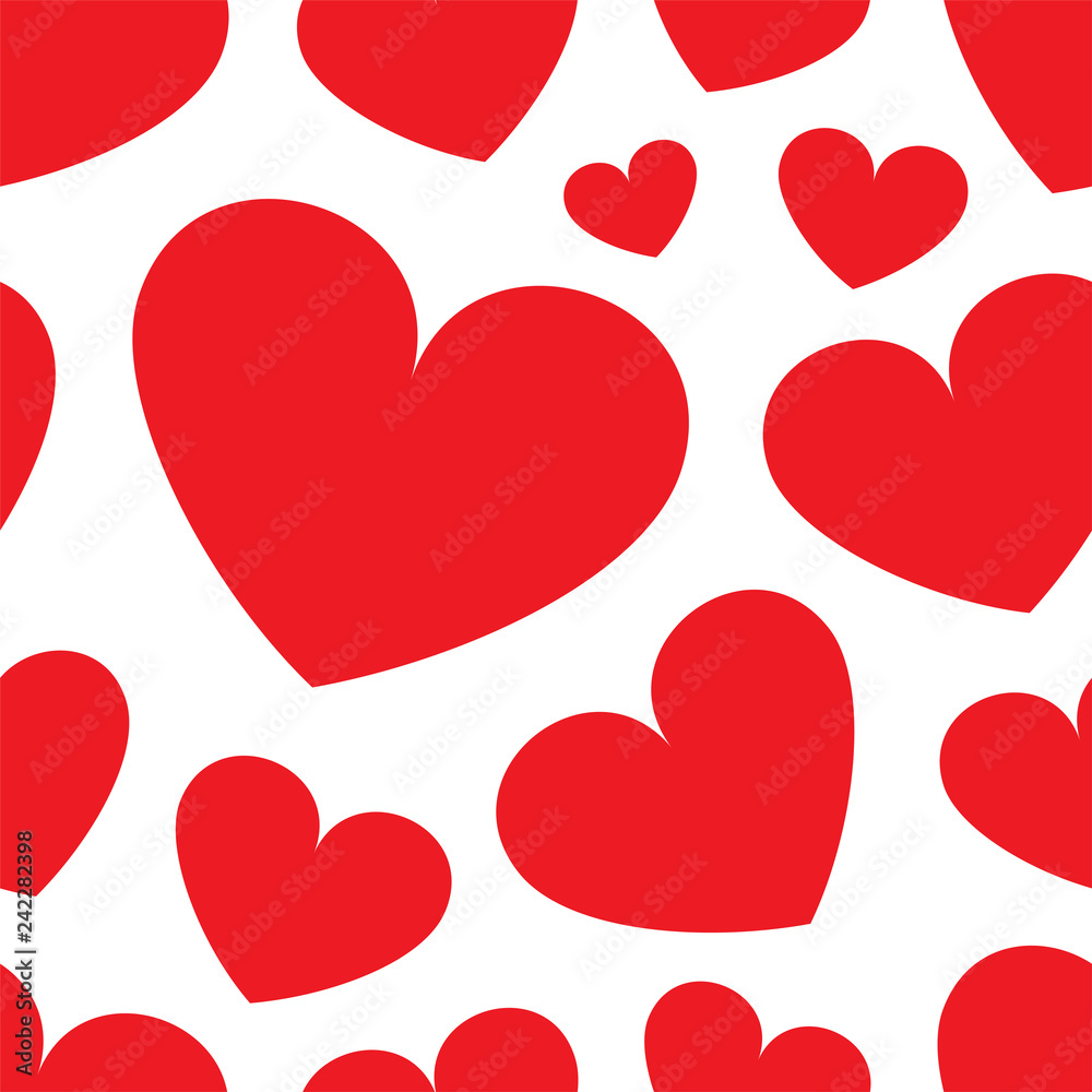 Vector illustration red hearts on a white background. Seamless background a pattern on a love subject. Declaration of love, wedding engagement, love.