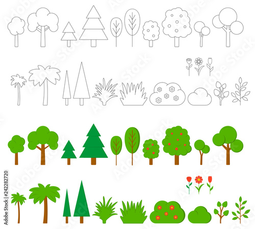 Trees, bushes and flowers. Set of vector elements.
