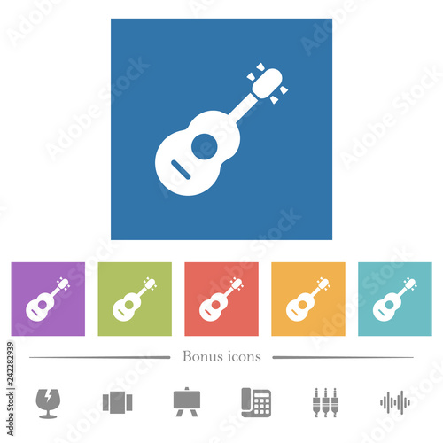 Acoustic guitar flat white icons in square backgrounds