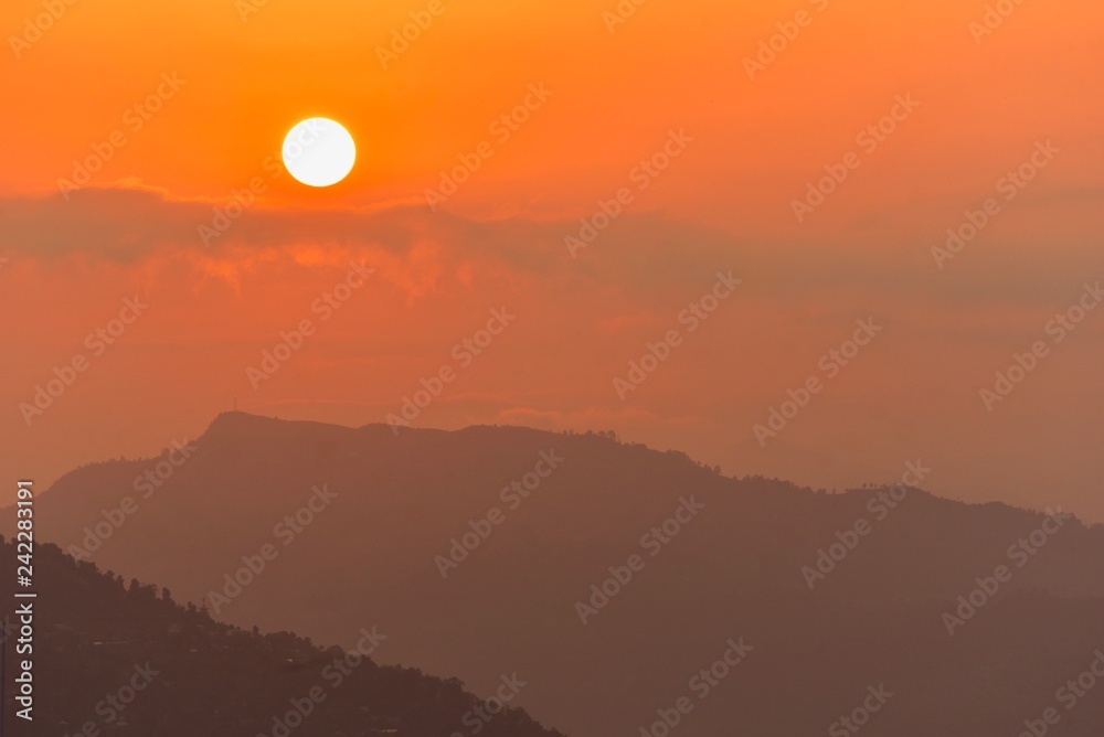 Beautiful View of Blazing Sunrise Over Annapurna Mountain Range from Sarangkot Hill