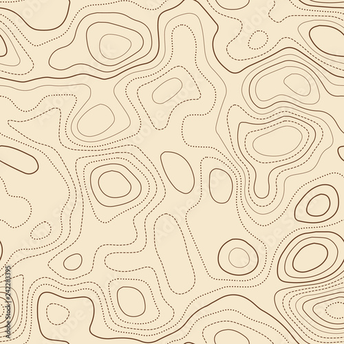 Amazing topography. Actual topographic map. Seamless design, ecstatic tileable isolines pattern. Vector illustration.