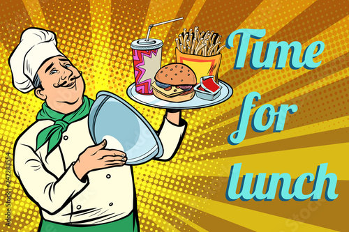 time for lunch. fast food. chef with tray with lid