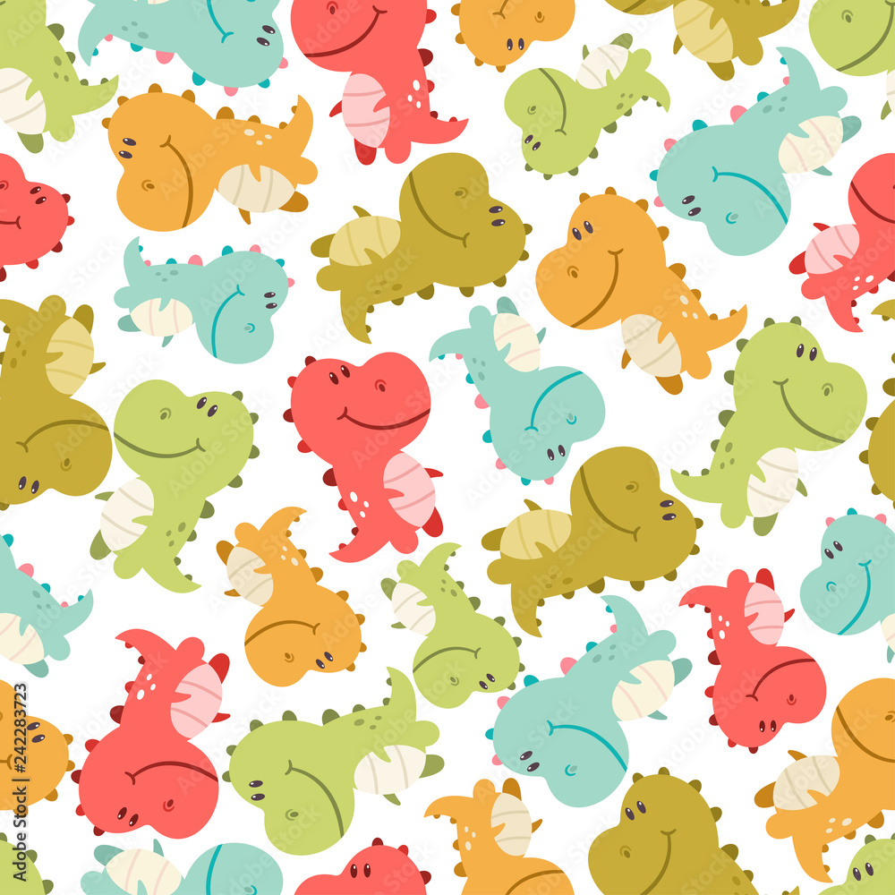 Cute baby dinosaurs vector seamless pattern on white background for wallpaper, wrapping, packing, and backdrop.