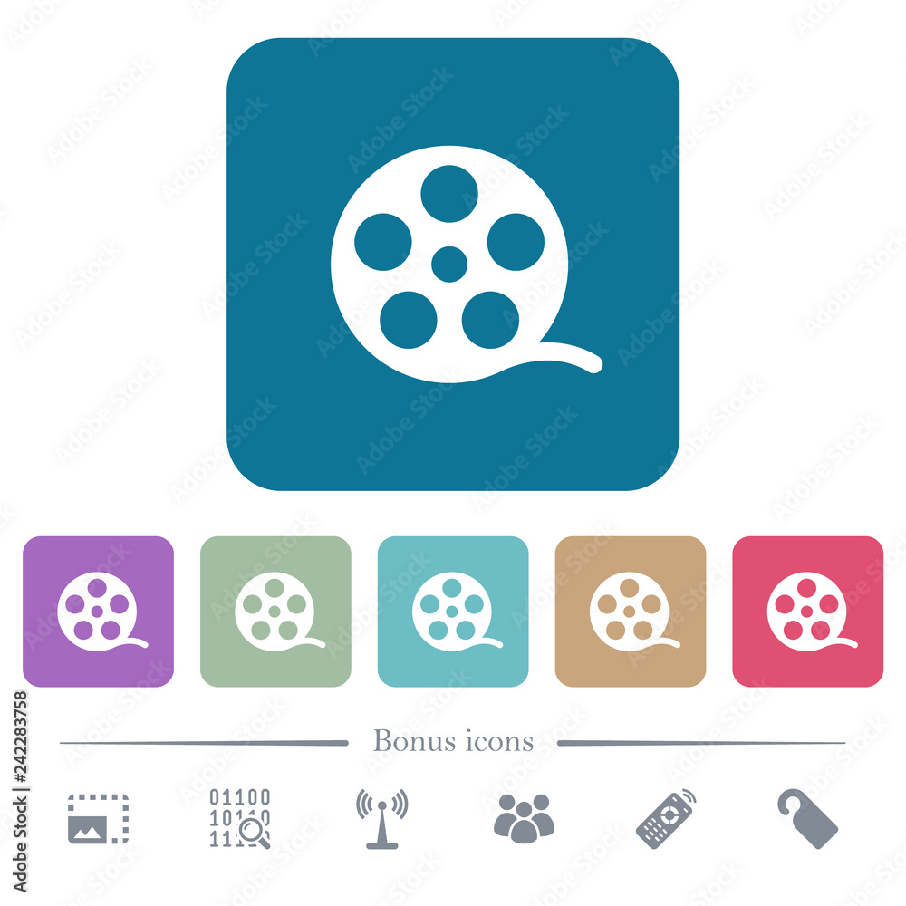 Movie roll flat icons on color rounded square backgrounds Movie roll flat icons on color rounded square backgrounds
