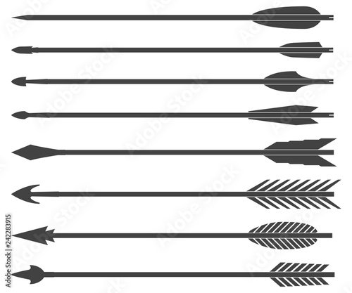 Arrows for bow. Set of vector illustrations isolated on white background.