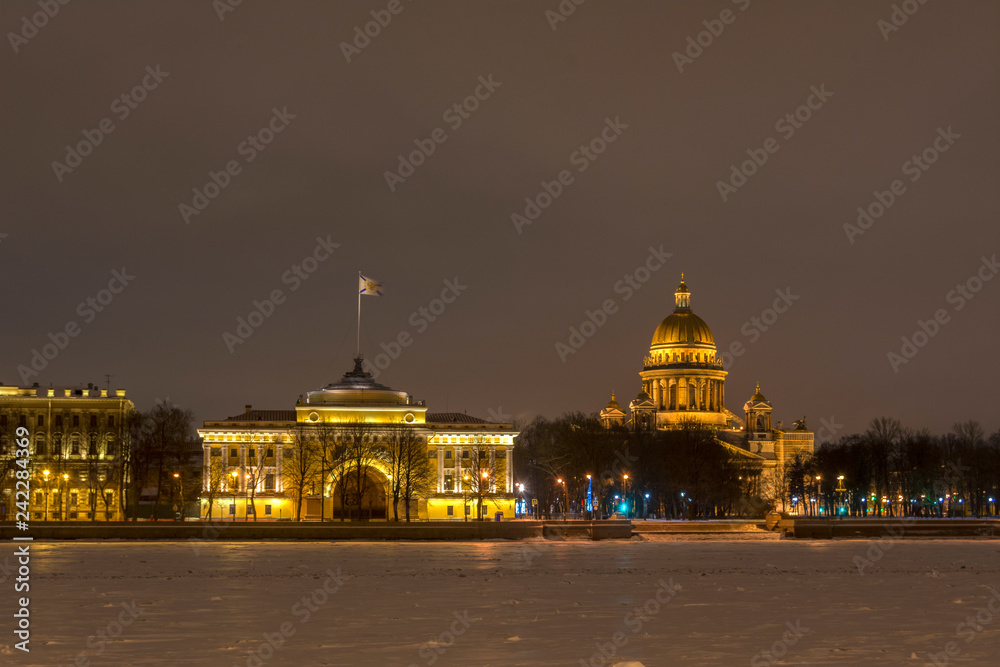 Night View from the Neva river on St. Isaac's Cathedral and the main headquarters of the Russian Navy