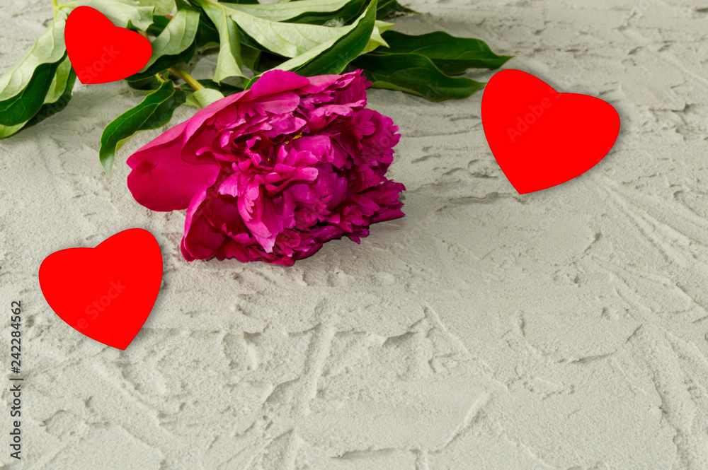 pink peony and red hearts on textured background pink peony and red hearts on textured background