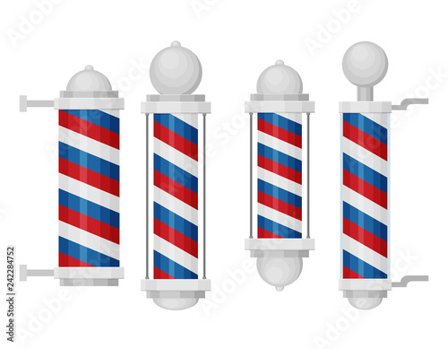 Barber shop poles set with stripes isolated on white background.