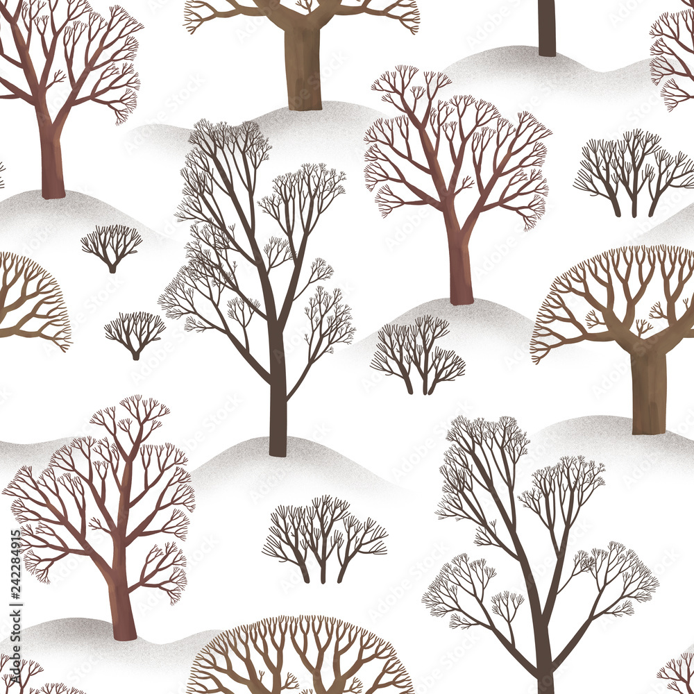 Winter seamless pattern of simple trees. Illustartion of brown forest ...