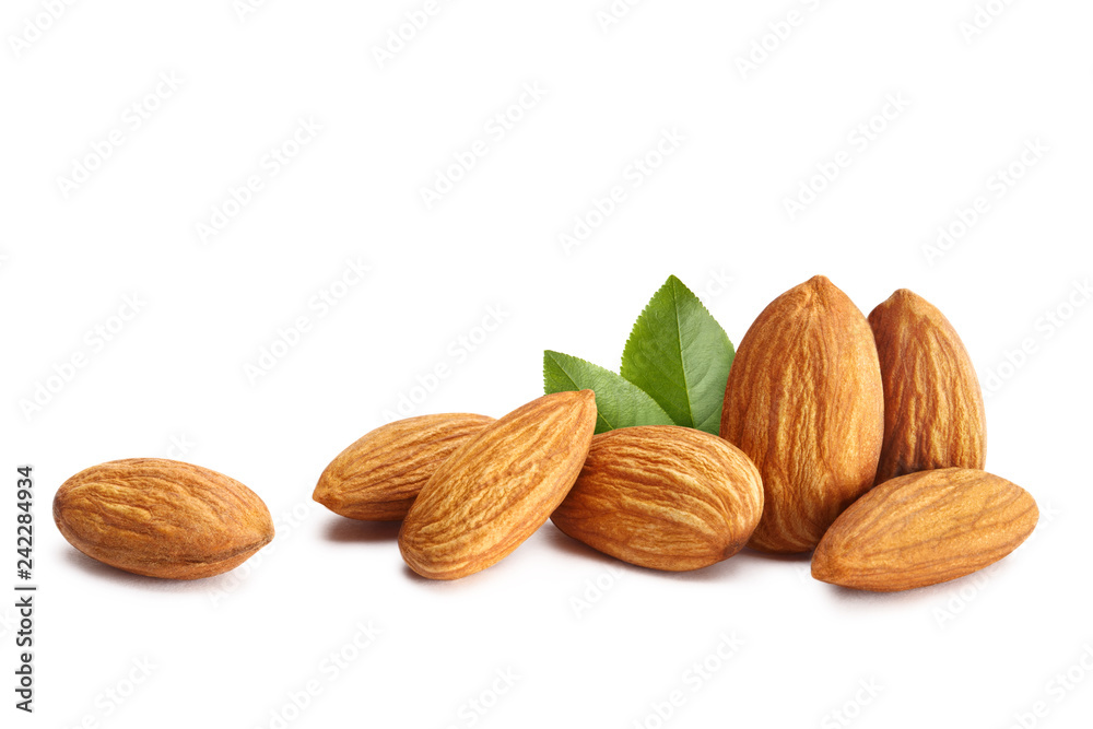 Almonds with leaves, isolated on white background Almonds with leaves, isolated on white background