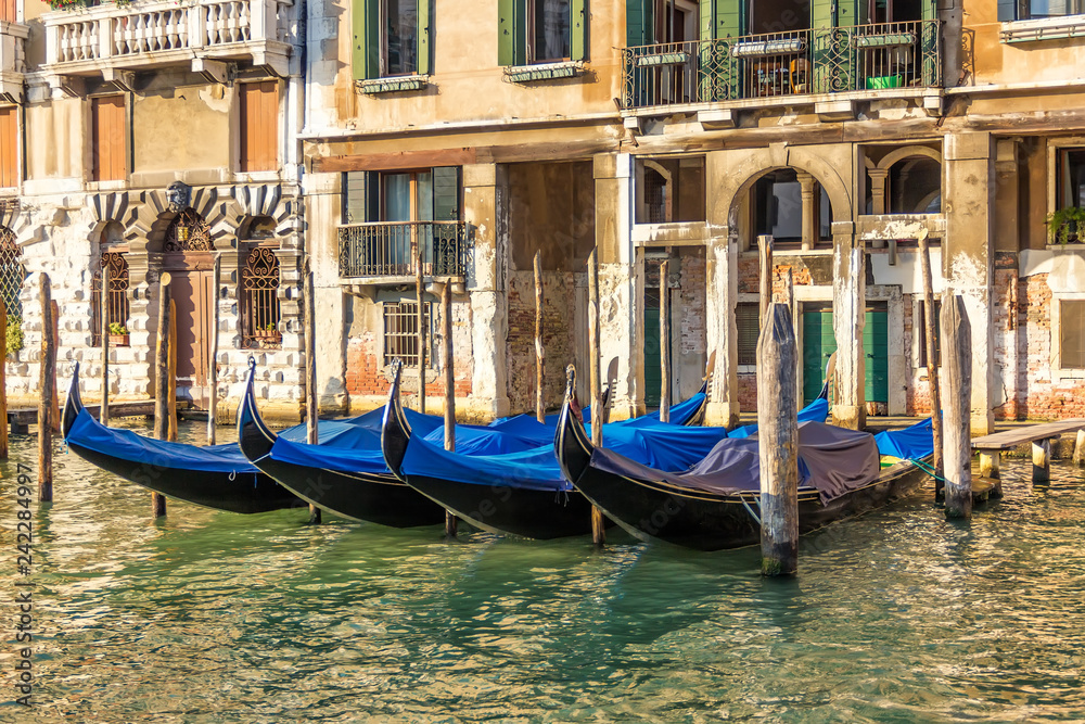Venice palace with gondolas moored, Grand Canal, Italy