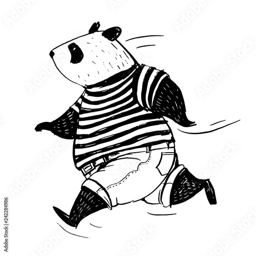 Black and white vector illustration. Running panda in t-shirt and jeans
