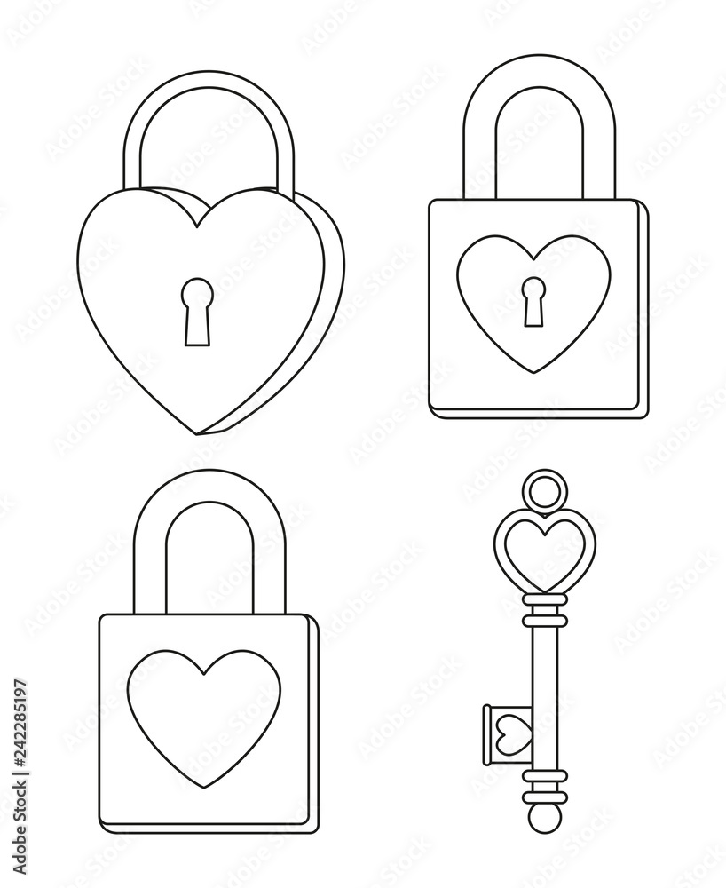 Line art black and white padlock ornate key set Line art black and white padlock ornate key set