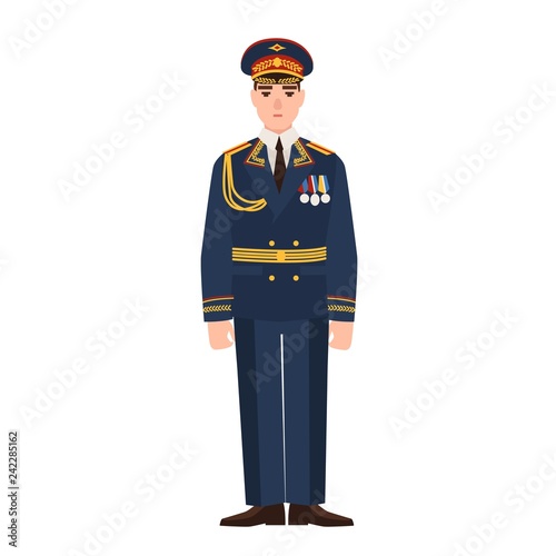 Military man of Russian armed force wearing full dress uniform. Infantryman on parade isolated on white background. Male cartoon character. Colored vector illustration in flat cartoon style.