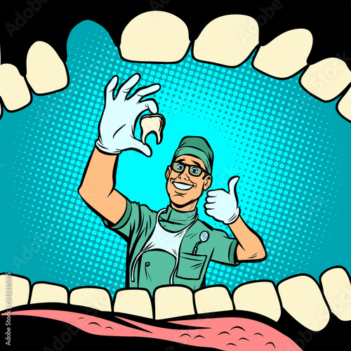 Mouth without tooth. Joyful dentist male doctor