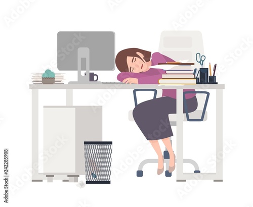 Exhausted female office worker, manager or clerk sitting at desk covered with documents and sleeping. Tired young woman at work or workplace. Colorful vector illustration in flat cartoon style.