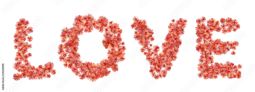 Word LOVE filled with bright coral flowers. Isolated fine detailed design element for advertising. Word LOVE filled with bright coral flowers. Isolated fine detailed design element for advertising.