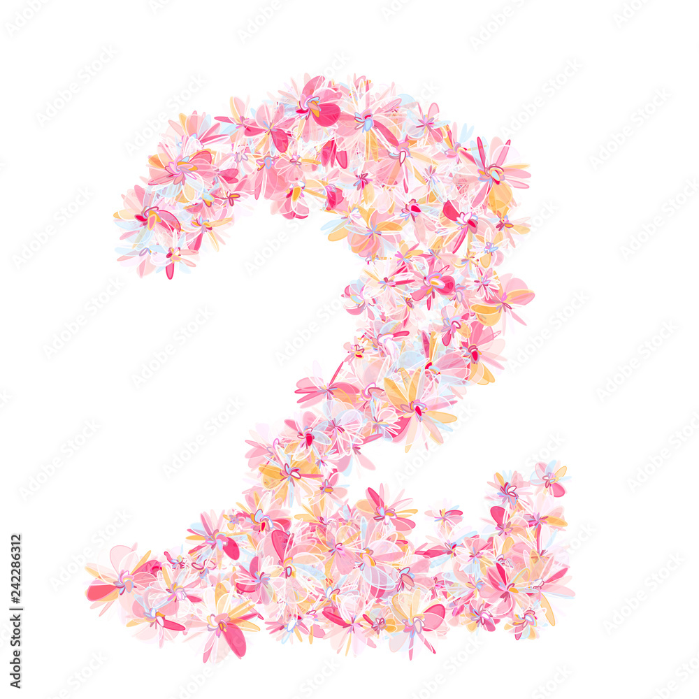 Number two filled with flowers in pastel pink colors. Isolated fine detailed design element for advertising. Number two filled with flowers in pastel pink colors. Isolated fine detailed design element for advertising.