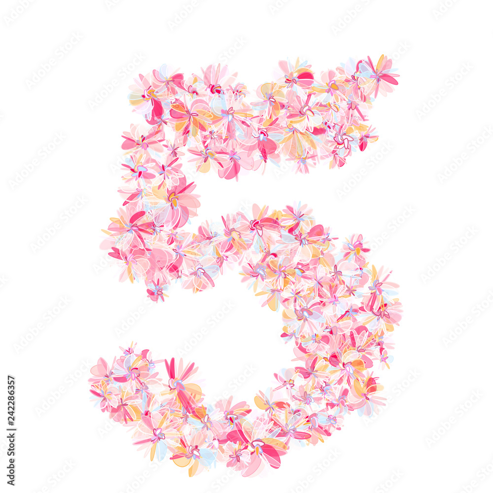 Number five filled with pastel pinkish flowers. Isolated fine detailed design element for advertising.